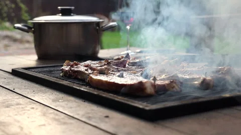 Roast kebab with smoke on a table with a built-in barbecue, dinner outdoors in a 스톡 동영상 274176349