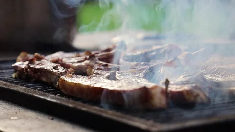 Roast kebab with smoke on a table with a built-in barbecue, dinner outdoors in a Stock-Footage 274176357