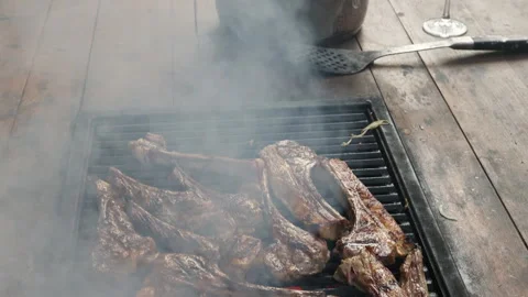 Roast kebab with smoke on a table with a built-in barbecue, dinner outdoors in a 스톡 동영상 274176476