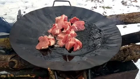Roast meat on a fire in the forest. The meat boils in oil. Video stock 168682878