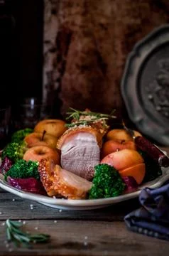 Roast Pork with Apples Stock-Fotos