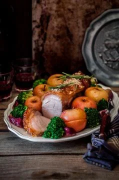 Roast Pork with Apples Stock Photos