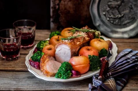 Roast Pork with Apples Stock Photos