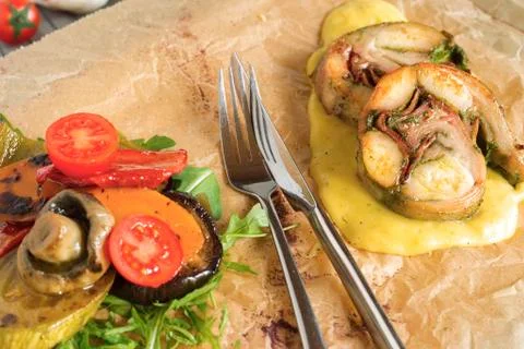 Roast Rabbit Meat Served Stock Photos