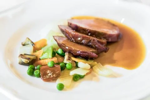 Roast with side dish of Vegetables Stock Photos