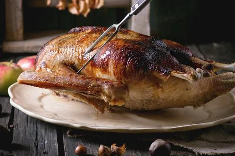 Roast stuffed goose with meat fork in on ceramic plate with ripe apples ove.. Stock Photos