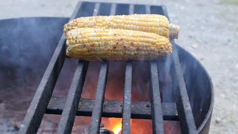 Roasted And Grilled Corn. Corn On Grill.Barbecue, Bbq Corn. Stock Footage