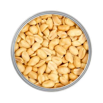 Roasted and salted peanuts in an opened tin can, close-up, from above Stock Photos