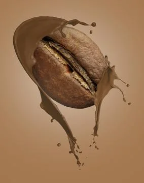 Roasted bean in coffee splashes on light brown gradient background Stock Photos