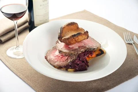 Roasted beef Dish dinner with wine Stock Photos