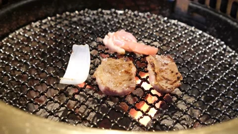 Roasted beef ribs, pork ribs, chicken breast and onions Stock-Footage 156635577