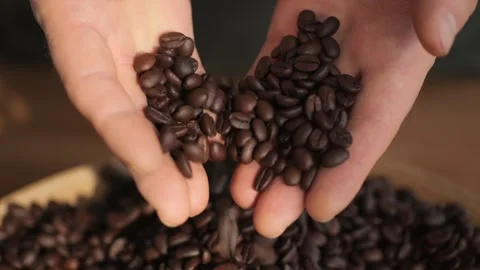 Roasted brown grains falling down on pile arabica super slow motion.Closeup full Stock Footage 266817269