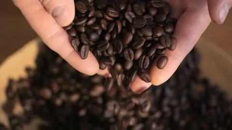 Roasted brown grains falling down on pile arabica super slow motion.Closeup full Stock Footage 267048846