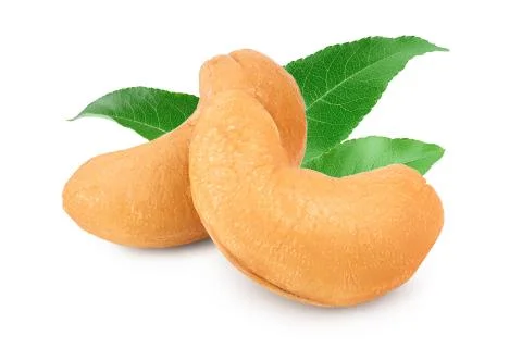 Roasted Cashew nuts with leaf isolated on white background with clipping path Stock Photos