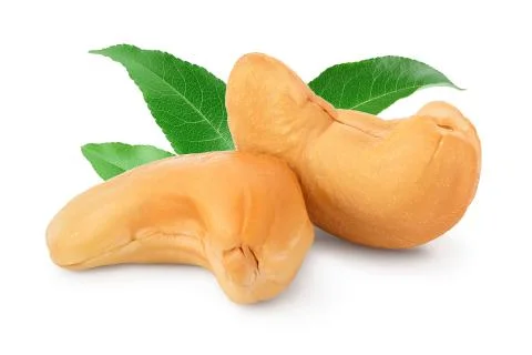 Roasted Cashew nuts with leaf isolated on white background with clipping path Stock Photos