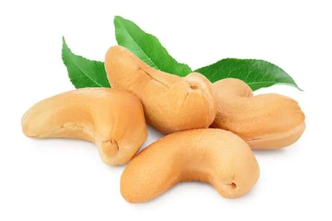 Roasted Cashew nuts with leaf isolated on white background with clipping path Stock Photos