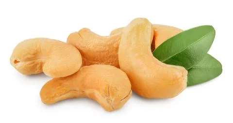 Roasted Cashew nuts with leaf isolated on white background with clipping path Stock-Fotos