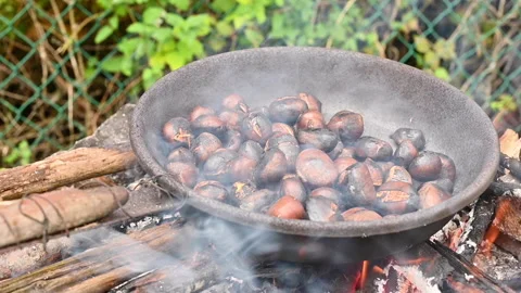 Roasted chestnuts and maroni over the fire in a special steel pan. Traditional Vídeo Stock 142286839