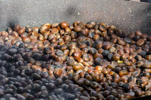 Roasted chestnuts cooked on the grill Stock Photos