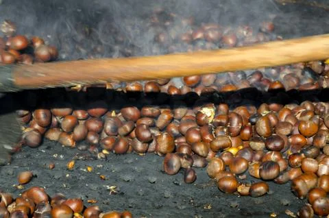 Roasted chestnuts cooked on the grill Stock Photos