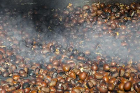 Roasted chestnuts cooked on the grill Stock Photos