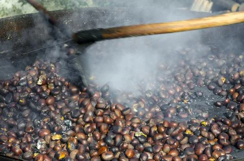 Roasted chestnuts cooked on the grill Stock Photos