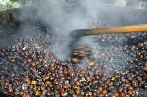 Roasted chestnuts cooked on the grill Stock Photos