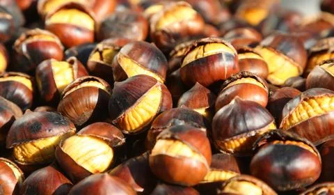 Roasted chestnuts with cracked brown shells ready to eat Fotos Stock