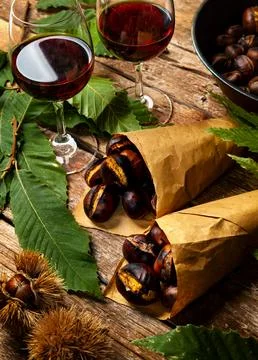 Roasted chestnuts in paper cones. 写真素材