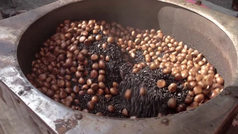 Roasted Chestnuts Tumbling In Black Sand Rotating Drum Machine 動画素材 338164390