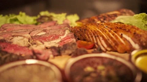 Roasted Chicken and Beef Served With Green Salad and Spices and Mustard Sauce Stock Footage 147233047