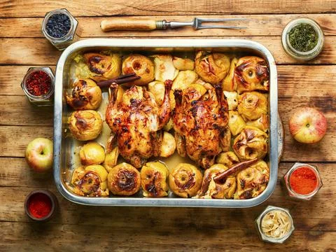 Roasted chicken with apples Stock Photos