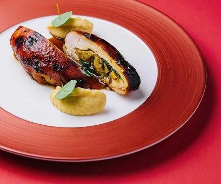Roasted chicken breast with mashed potatoes or puree Stock Photos