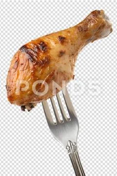 Roasted chicken leg on fork isolated PSD Template