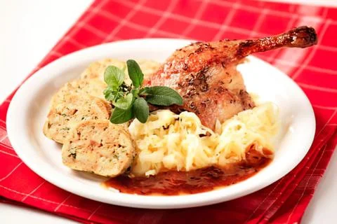 Roasted chicken with mashed potatoes and gravy Stock Photos