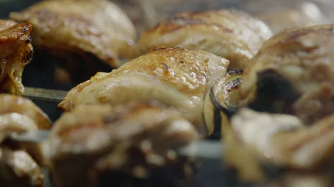 Roasted Chicken Meat and Vegetables Cooking on Bbq Stock-Footage 145254243