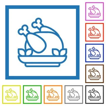 Roasted chicken outline flat framed icons Stock Illustration