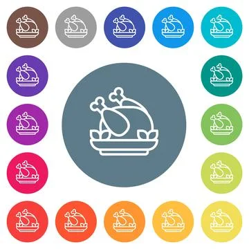 Roasted chicken outline flat white icons on round color backgrounds Stock Illustration