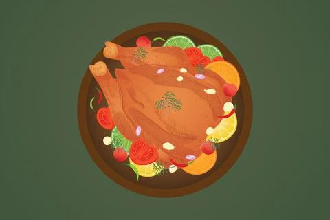 Roasted chicken serve, Top view for decoration, vector illustration and drawi Stock Illustration