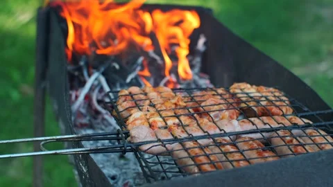 Roasted chicken thigh on grill. Grilling sausages meat on outdoor grill, tasty Stock Footage 247206582