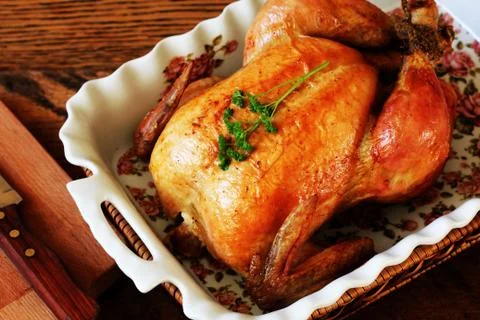 Roasted chicken in tray Stock Photos