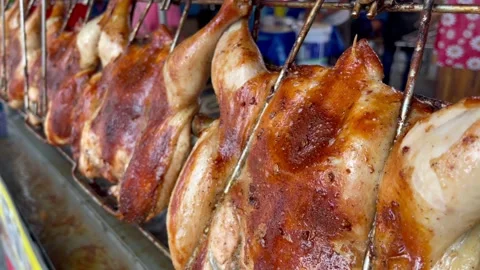 Roasted chickens on spit grilled over fire of a big barbecue Stock Footage 154847599
