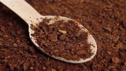Roasted chicory root powder in wooden teaspoon. Brown instant herbal granules Stock Footage 166459414