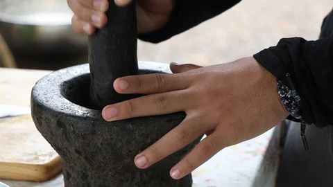 Roasted chili paste with mortar in Thai kitchen. Stock Footage 97004995