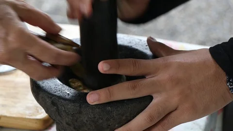 Roasted chili paste with mortar in Thai kitchen. 스톡 동영상 97005466