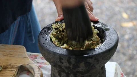 Roasted chili paste with mortar in Thai kitchen. Stock Footage 97005506