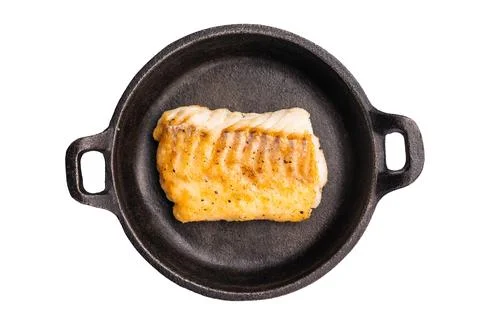 Roasted cod fish loin fiilet in skillet isolated on white background Stock Photos