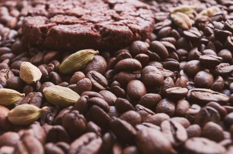 Roasted coffee beans and a slice of one cookie Foto stock