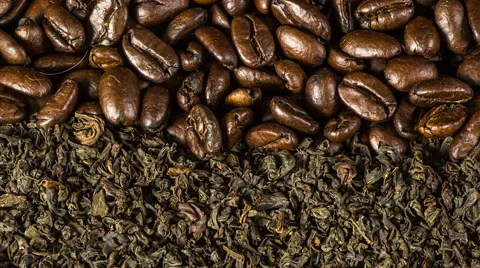 Roasted coffee beans and tea leafs background rotation Vídeo Stock 48962327