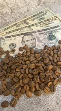 Roasted coffee beans and US dollar banknotes on gray background. Stock Photos